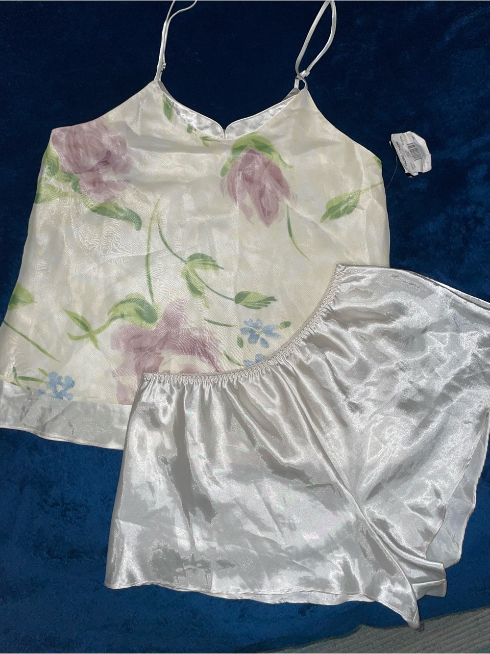 Floral Satin Cami & Shorts Sleep Set - Ivory White with Pastel Floral Design